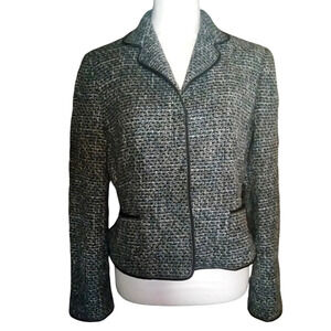 Elie Tahari Tweed Hidden Button Front Blazer Pockets Wool Blend Size Large
